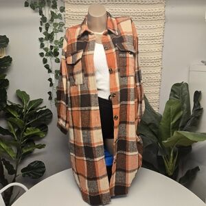 Plaid Button-Up Jacket in Orange and Brown | Size S